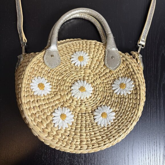 FLAWED, READ -- POOLSIDE Daisy Embroidery Maxine Straw Beach Tote Bag Purse - Picture 1 of 12